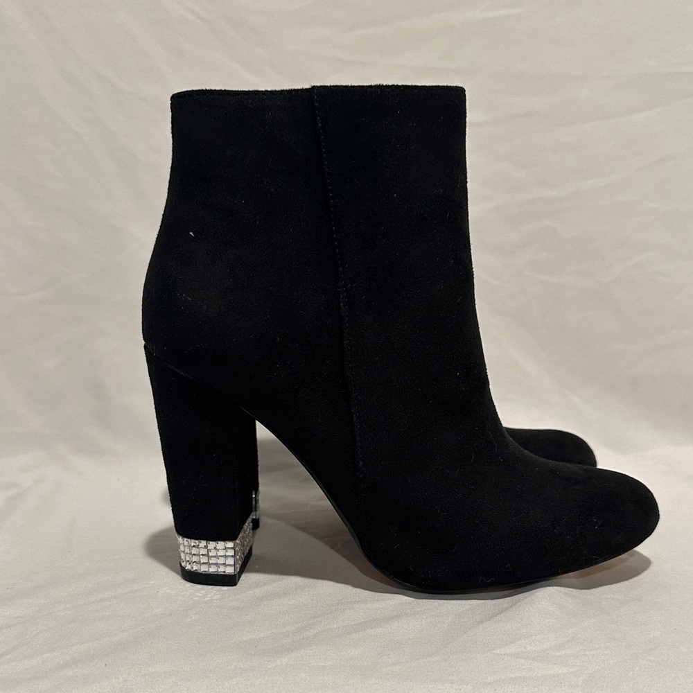 XOXO Black Suede Heeled Boots with Rhinestone Accent